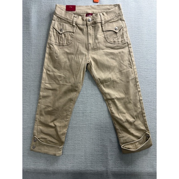 T&Y Fashion Pants - T&Y Fashion Capri Pants Womens 5/6 Beige Skinny Leg Cuffed Hem Ankle Button